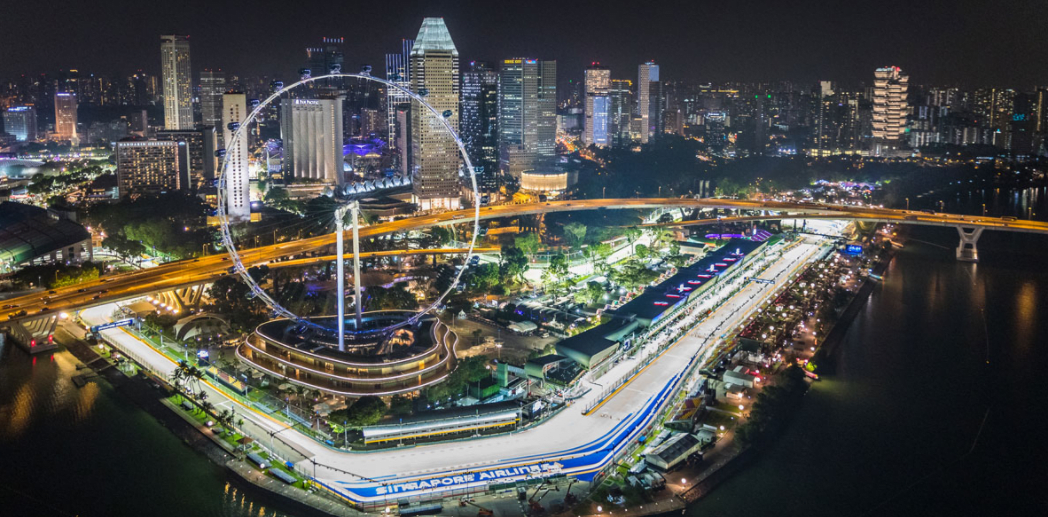 Sky view of the Marina Bay racecourse in Singapore at night