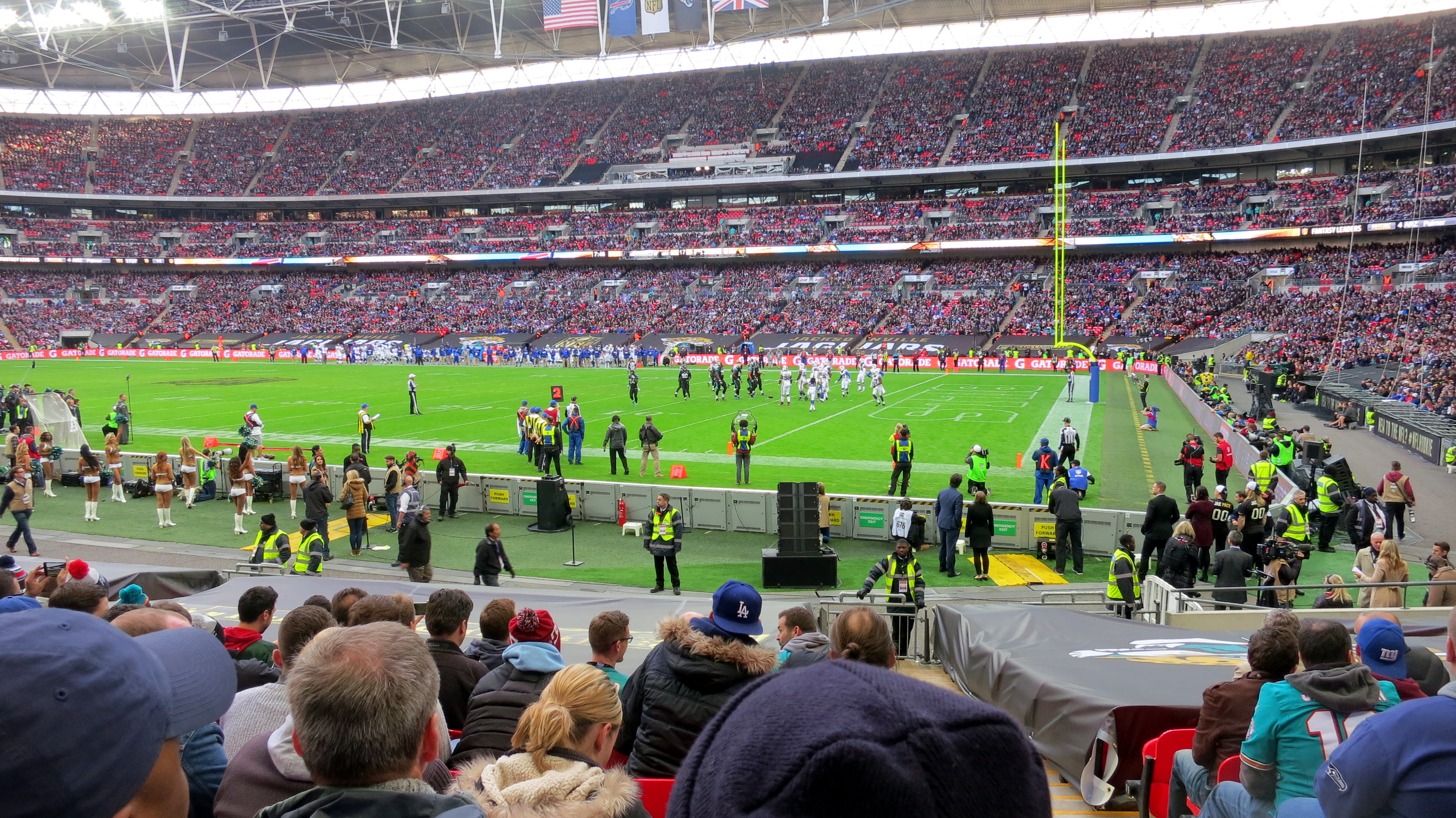 Fans watching an NFL London game featuring the Jacksonville Jaguars.