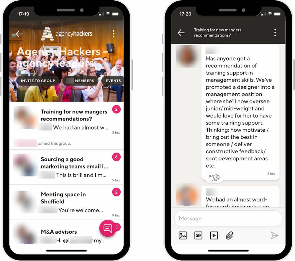 Screenshots of two phone screens showing the Agency Hackers community on Guild