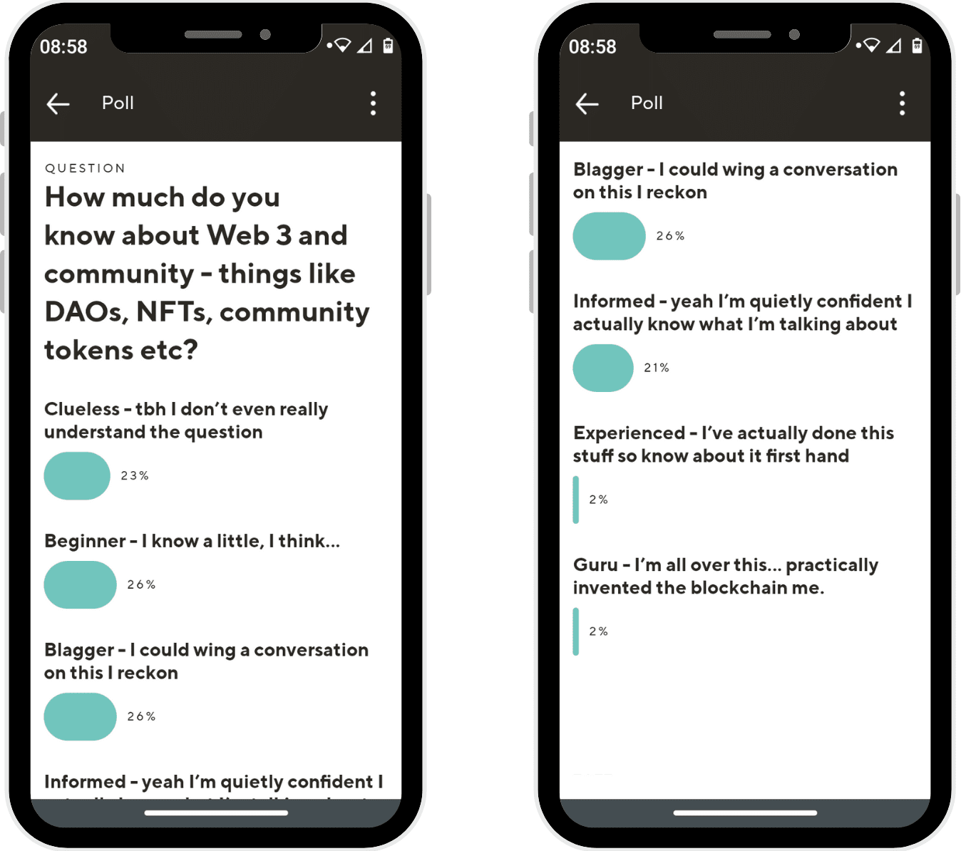 Two mobile phone screens showing a poll on Guild