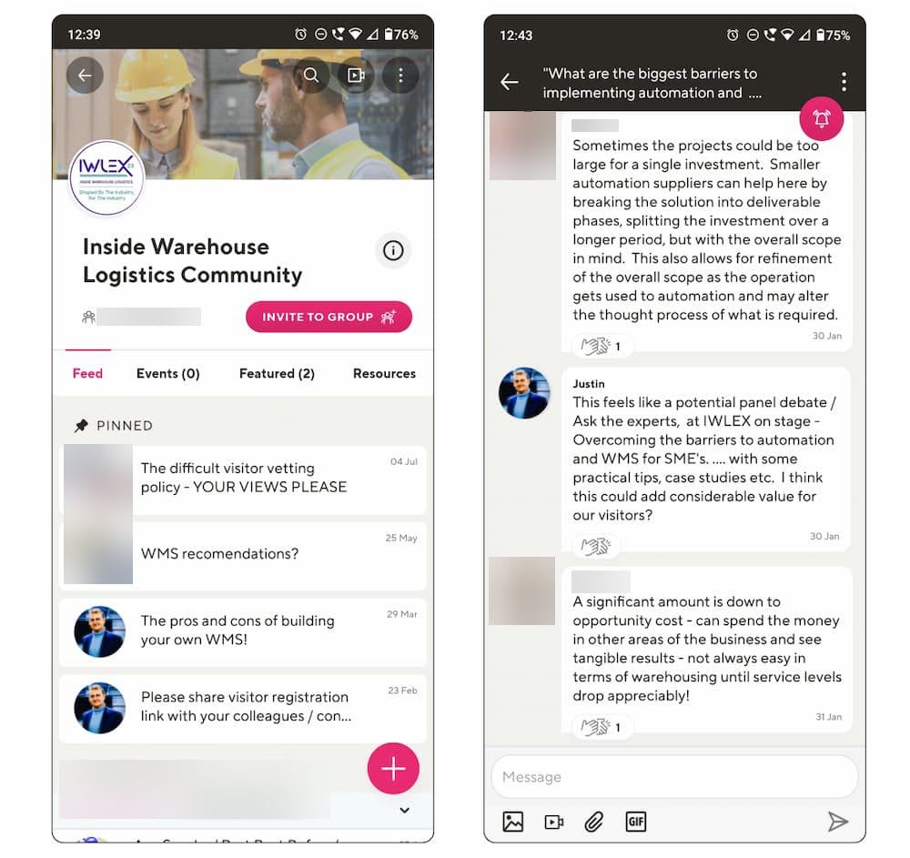 Screenshots of the Inside Warehouse Logistics community on Guild