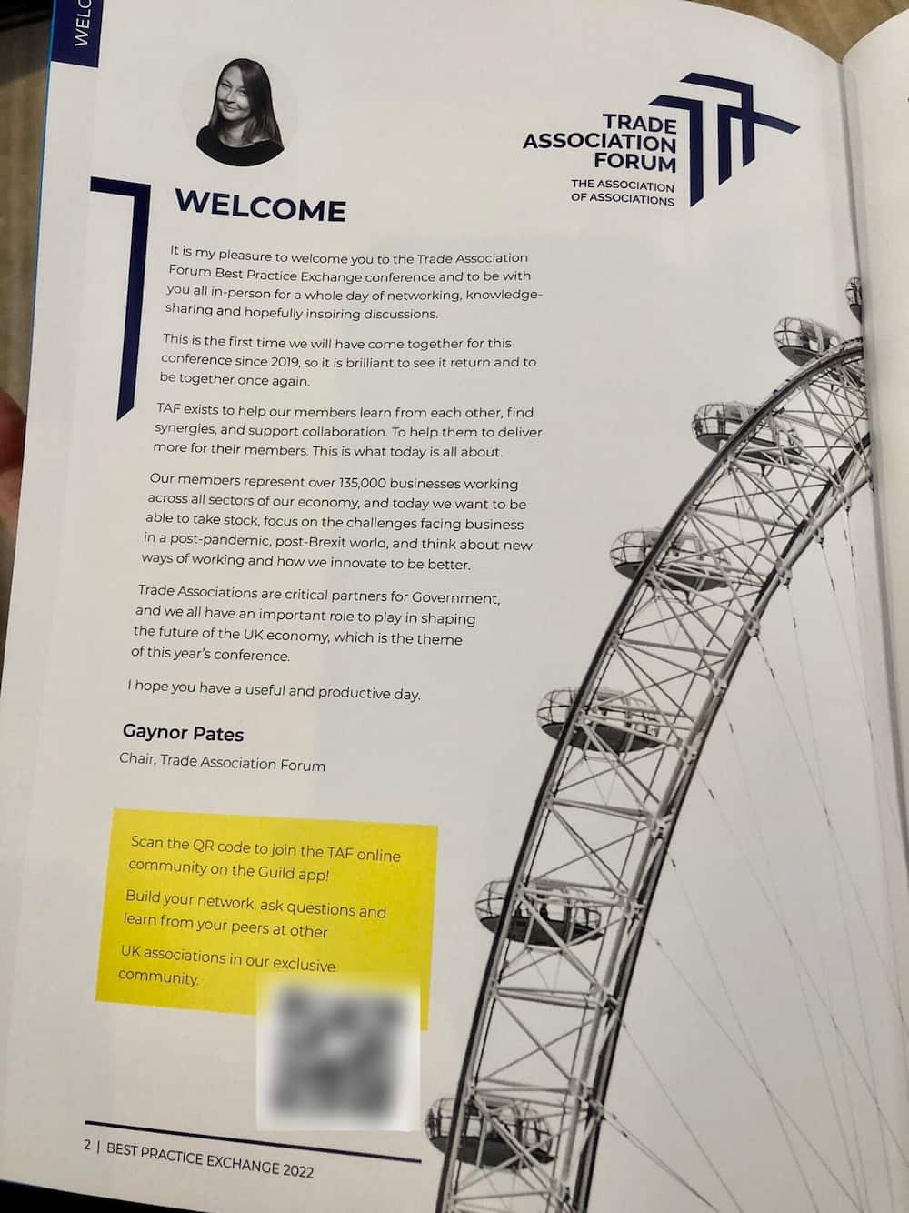 Acquisition tactic - The Trade Association Forum inviting members to join their online community with a QR code in an event programme