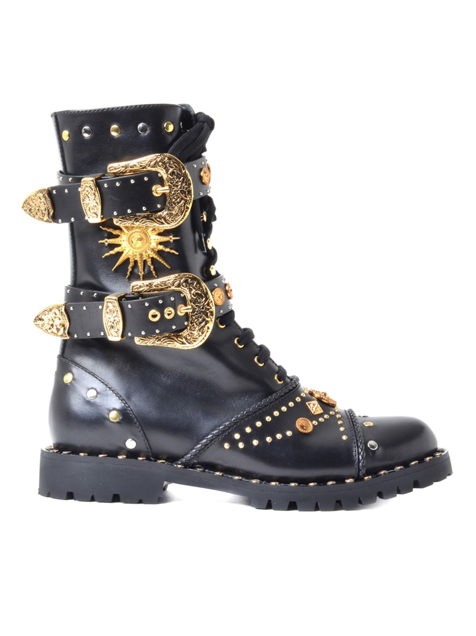 20mm buckles & studs leather combat boot, black