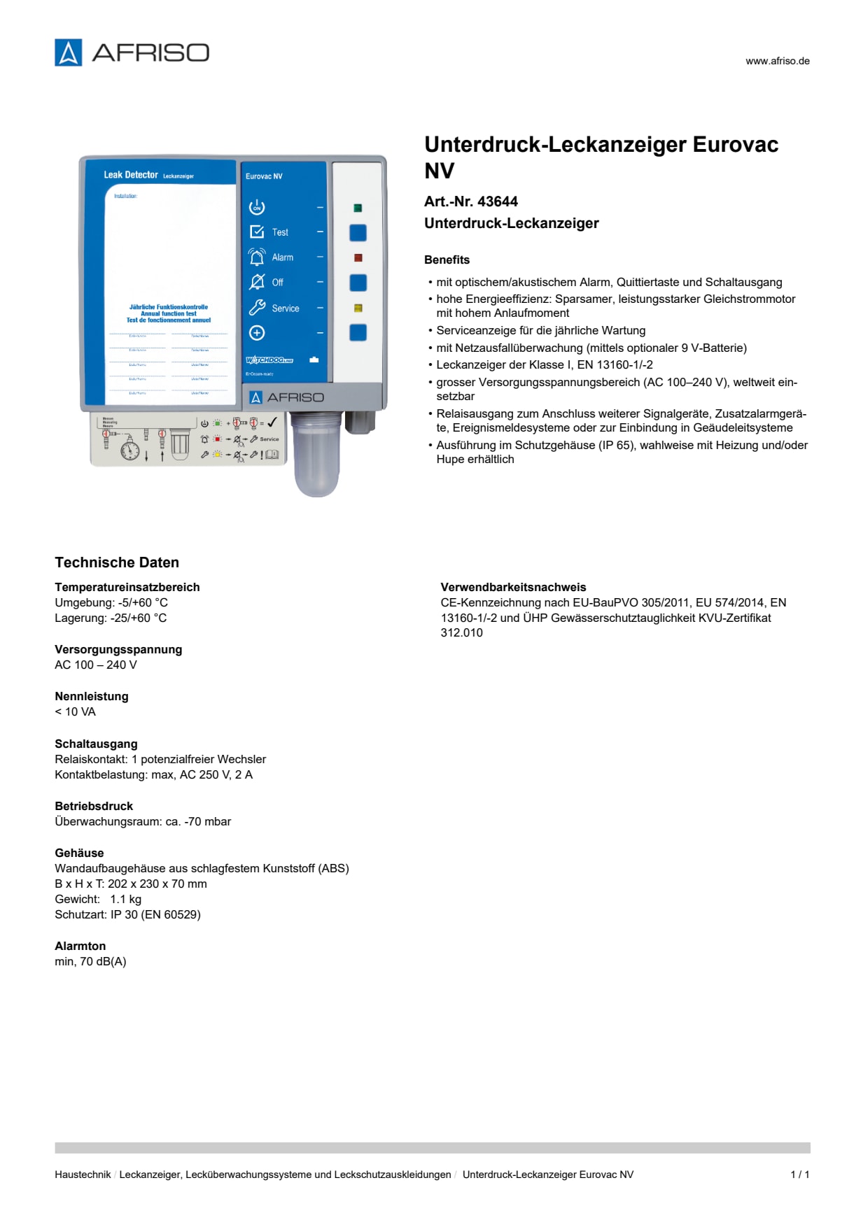 AFRISO_UNTERDRUCK-LECKANZEIGER-EUROVAC-NV-UNTERDRUCK-LECKANZEIGER_43644_DEU_CHE.PDF