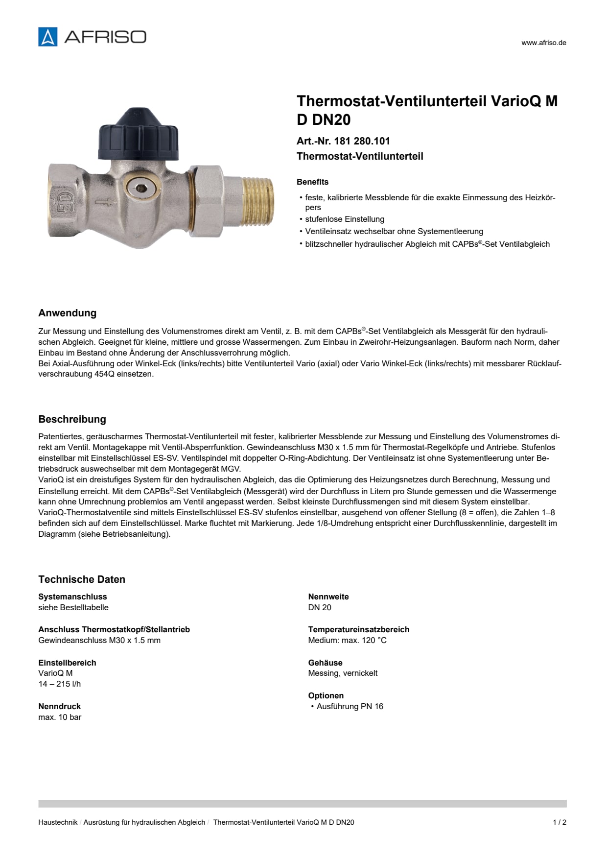 AFRISO_DATENBLATT_THERMOSTAT-VENTILUNTERTEIL_VARIOQ-M_D-DN20_181-280-101_DEU_CHE.PDF