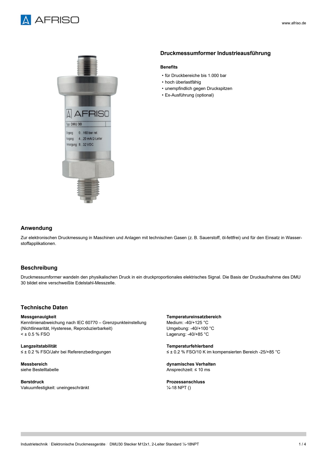 AFRISO_DATENBLATT_DRUCKMESSUMFORMER-INDUSTRIEAUSFUEHRUNG_DMU30-STECKER-M12X1--2-LEITER-STANDARD-1-4-18NPT_P62461_DEU_DEU.PDF