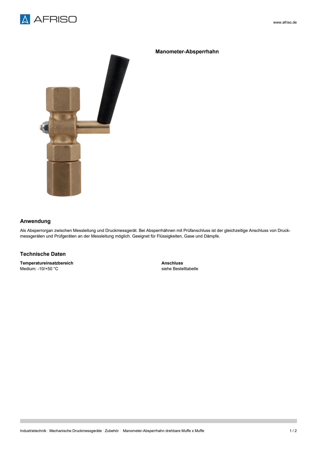 AFRISO_DATENBLATT_MANOMETER-ABSPERRHAHN_MANOMETER-ABSPERRHAHN-DREHBARE-MUFFE-X-MUFFE_P27277_DEU_CHE.PDF