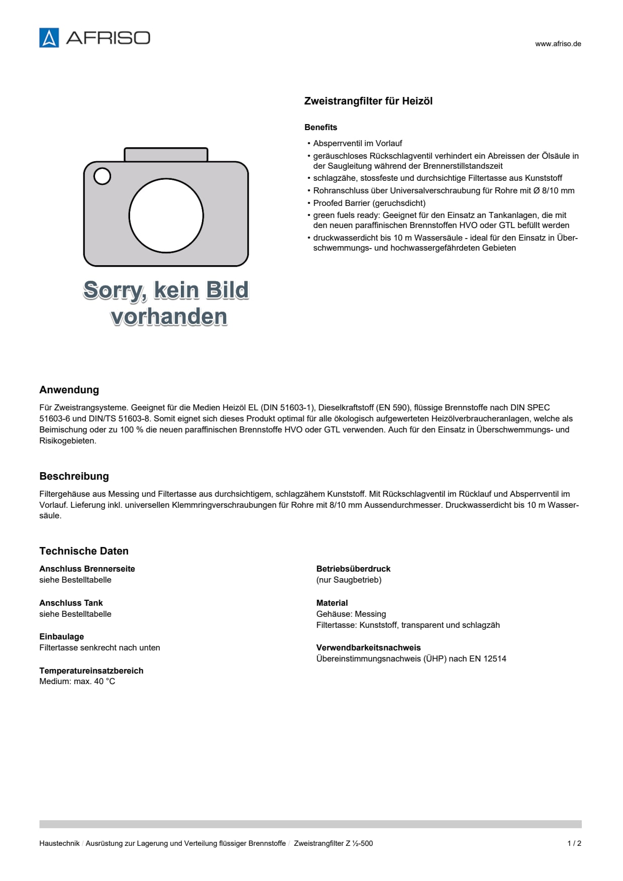AFRISO_DATENBLATT_ZWEISTRANGFILTER-FUER-HEIZOEL_ZWEISTRANGFILTER-Z-1-2-500_P31656_DEU_CHE.PDF