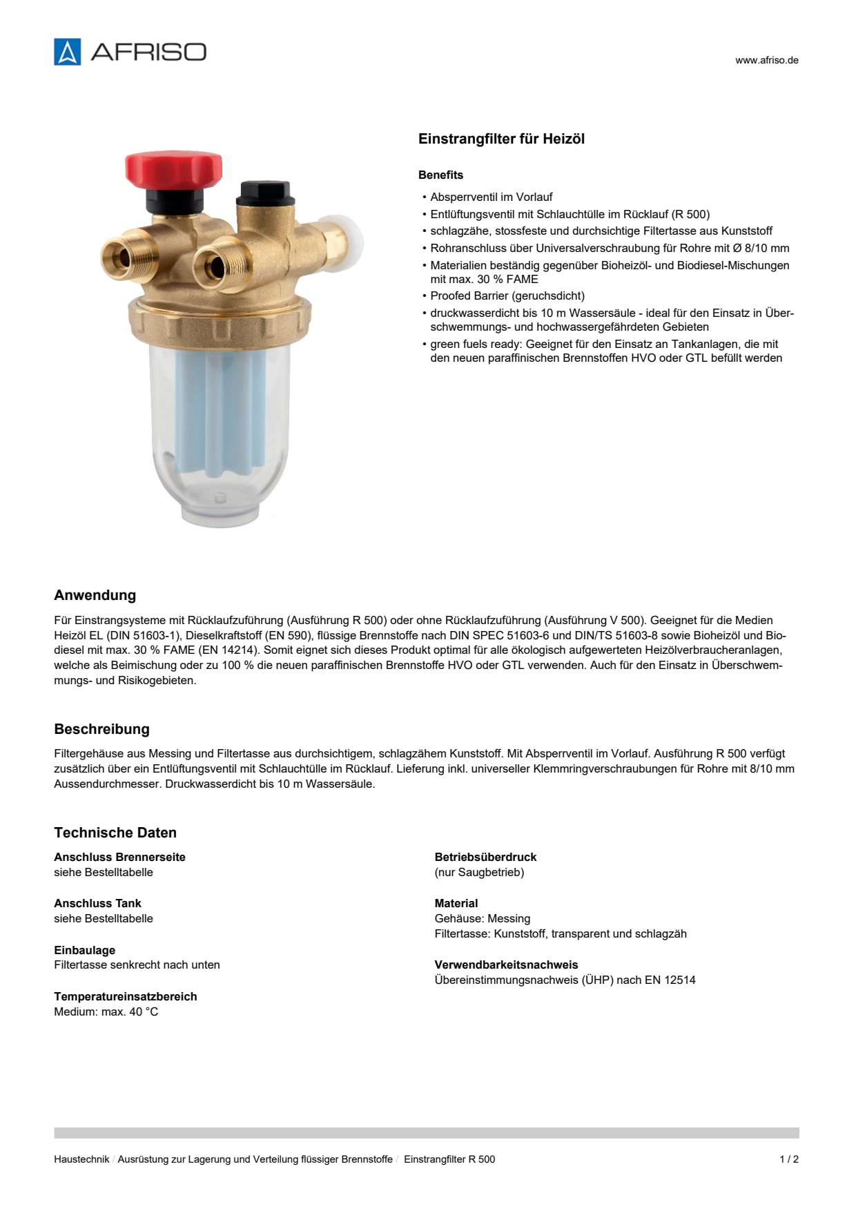 AFRISO_DATENBLATT_EINSTRANGFILTER-FUER-HEIZOEL_EINSTRANGFILTER-R-500_P31639_DEU_CHE.PDF