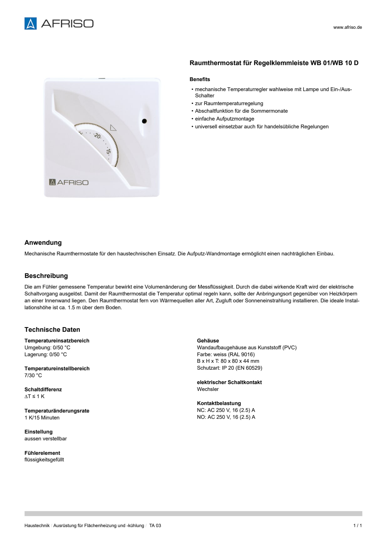 AFRISO_DATENBLATT_RAUMTHERMOSTAT-FUER-REGELKLEMMLEISTE-WB-01-WB-10-D_TA-03_P39302_DEU_CHE.PDF