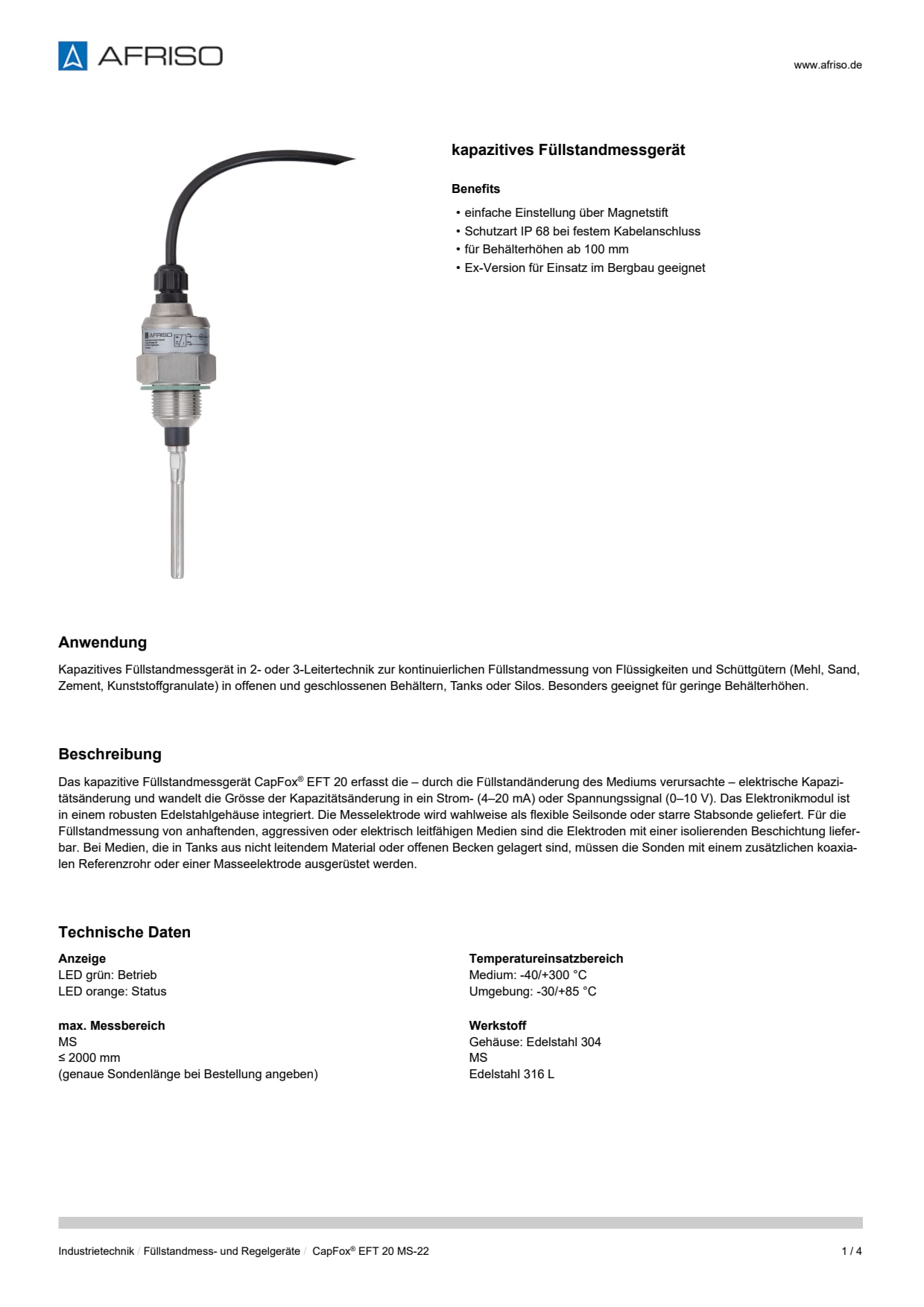 AFRISO_DATENBLATT_KAPAZITIVES-FUELLSTANDMESSGERAET_CAPFOX-EFT-20-MS-22_P58465_DEU_CHE.PDF