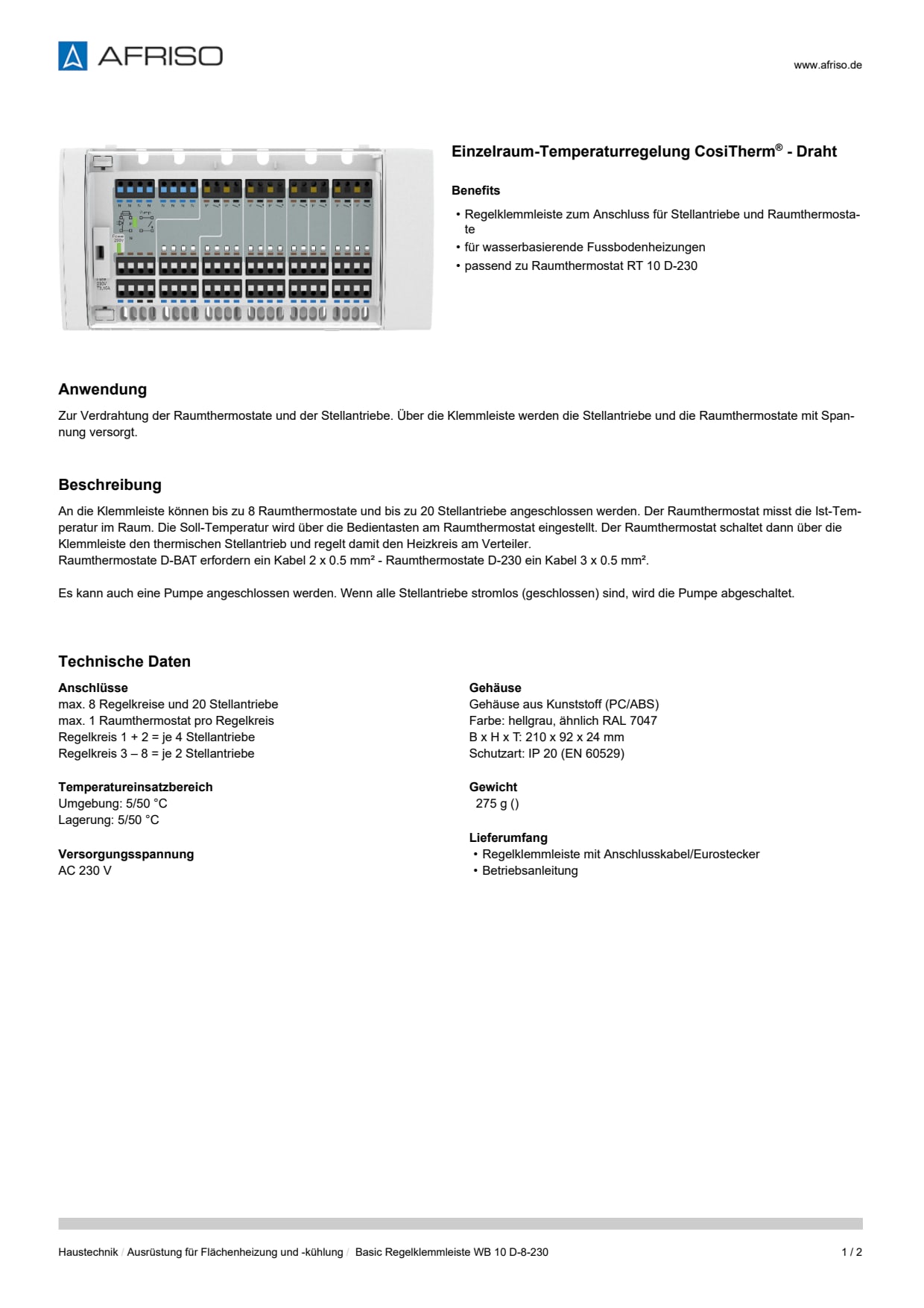 AFRISO_DATENBLATT_EINZELRAUM-TEMPERATURREGELUNG-COSITHERM--DRAHT_BASIC-REGELKLEMMLEISTE-WB-10-D-8-230_P62075_DEU_CHE.PDF