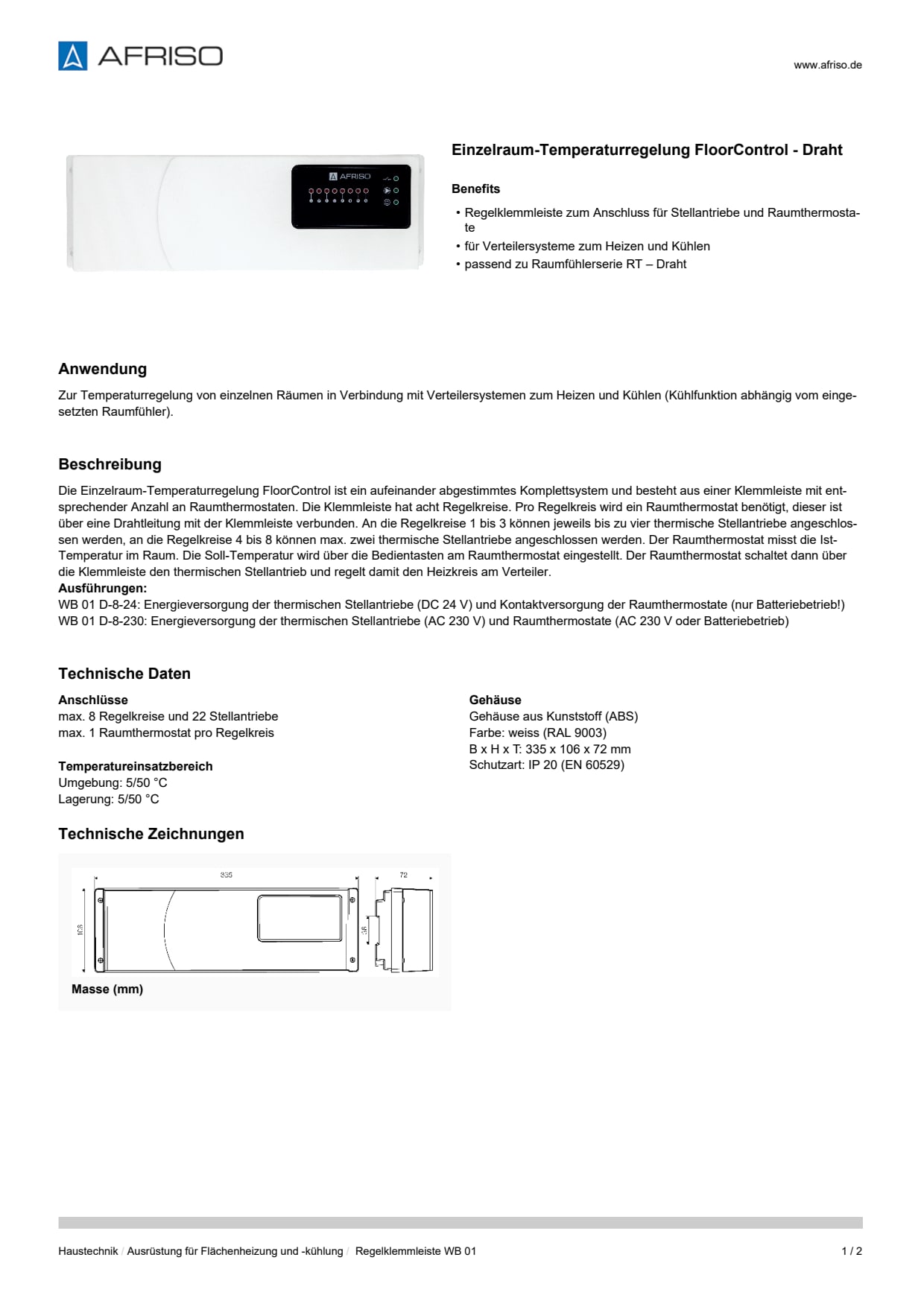 AFRISO_DATENBLATT_EINZELRAUM-TEMPERATURREGELUNG-FLOORCONTROL--DRAHT_REGELKLEMMLEISTE-WB-01_P60158_DEU_CHE.PDF