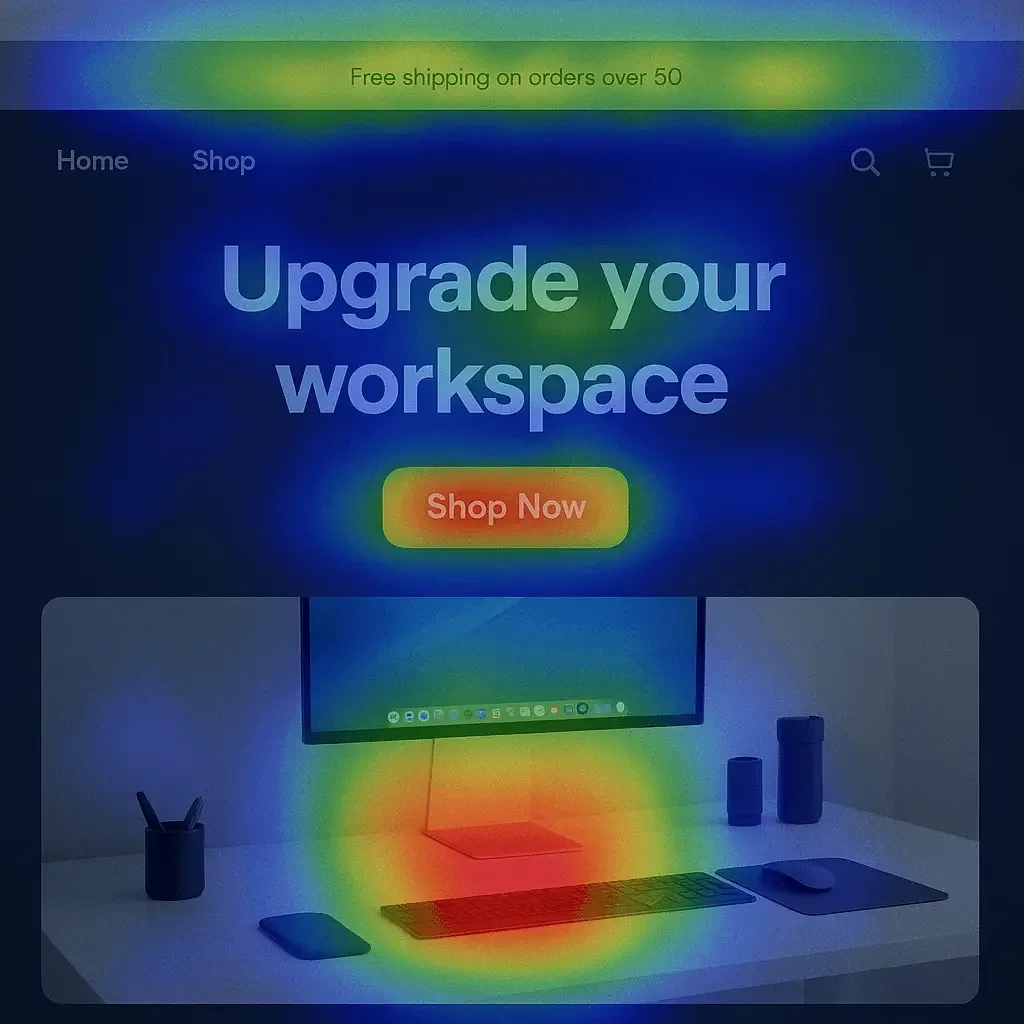 Heat map visualization showing customer attention patterns on optimized Shopify store header