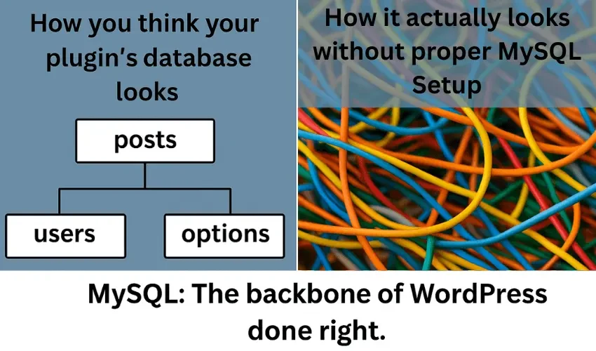 Split meme showing an ideal database schema versus tangled wires for poor MySQL integration
