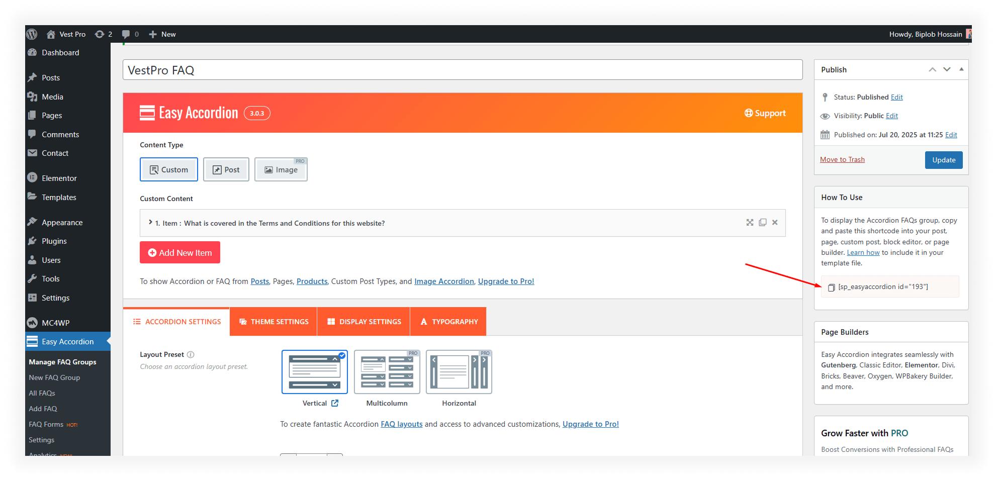Add the Accordion to a Page or Post
