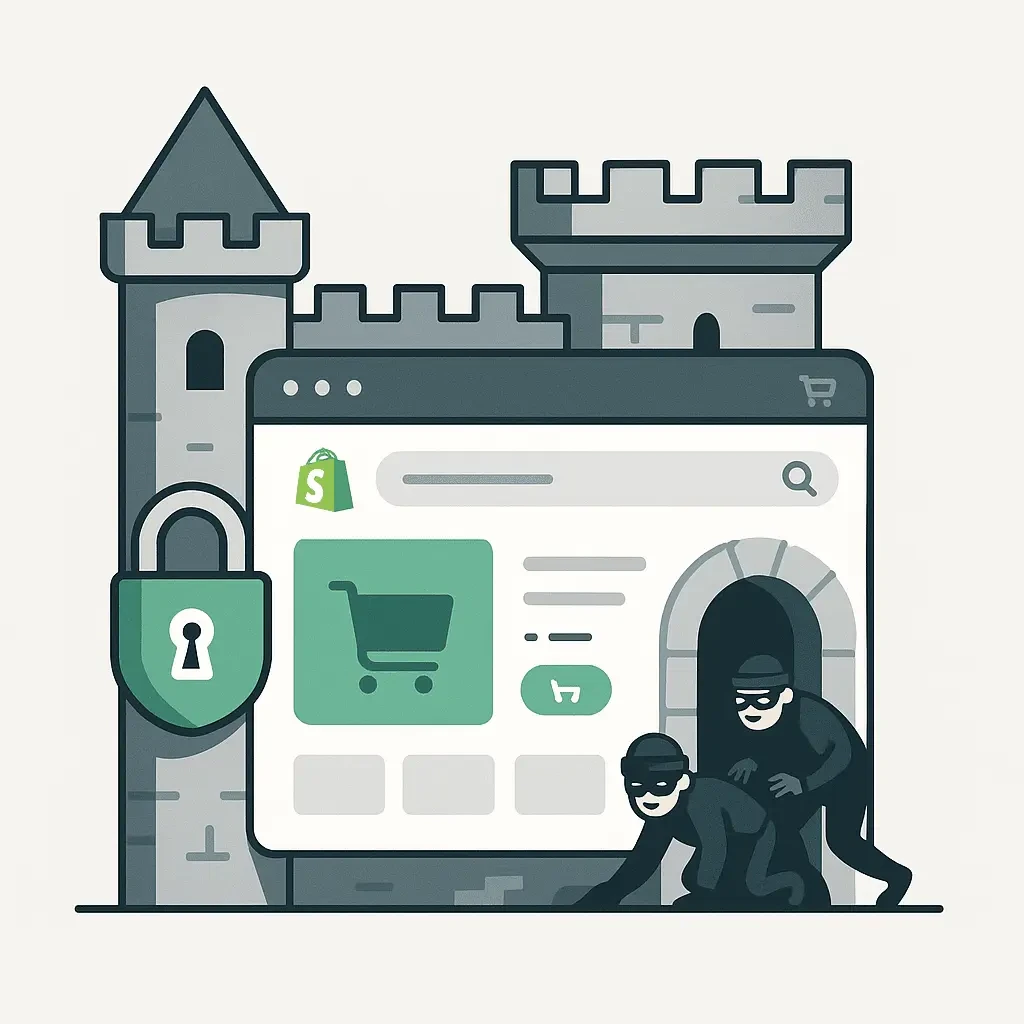 Illustration of a Shopify store as a castle with one secure tower locked and an open gate where hackers are sneaking inside.