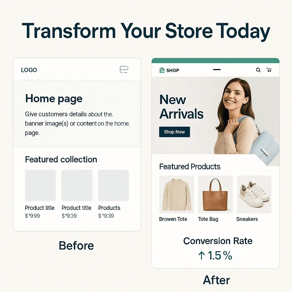 Side-by-side comparison showing complete Shopify store transformation from generic template to custom high-converting design with performance metrics.