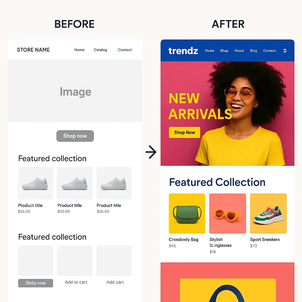 Shopify store transformation from template to custom design showing brand personality.