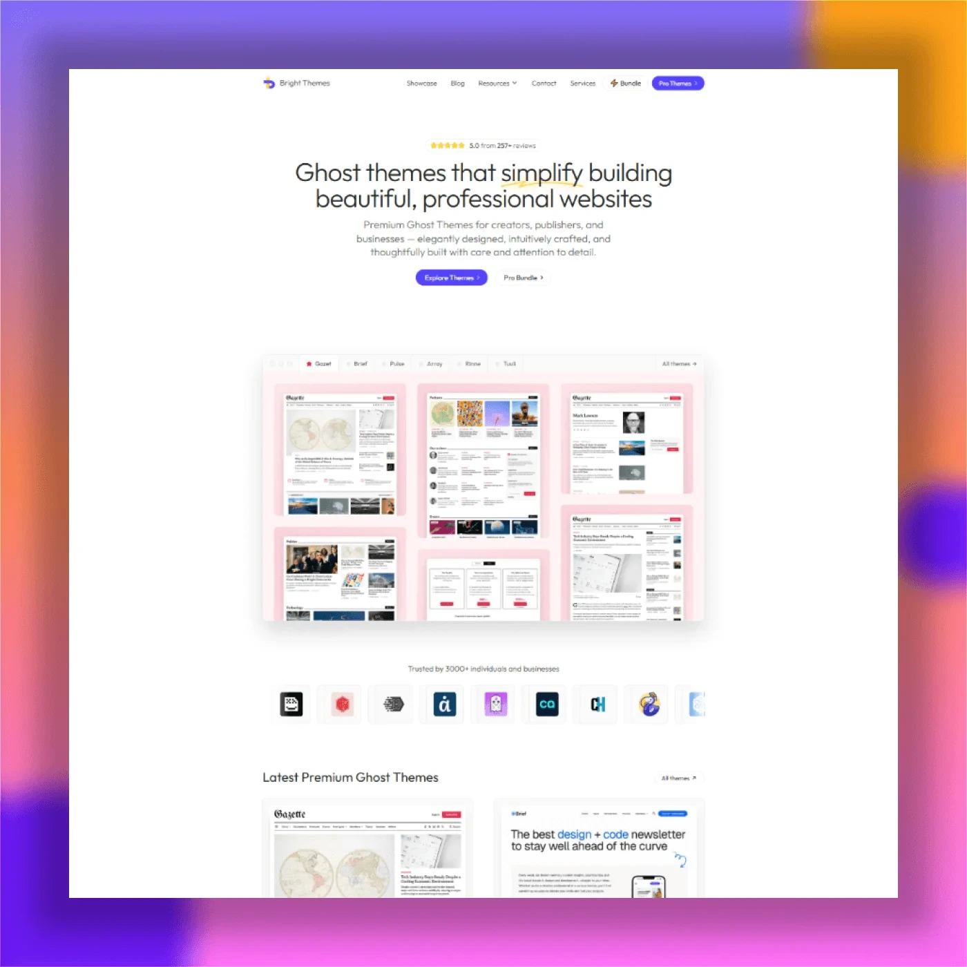 Bright Themes homepage featuring a grid showcase of their beautiful premium Ghost themes and templates for creators and businesses.