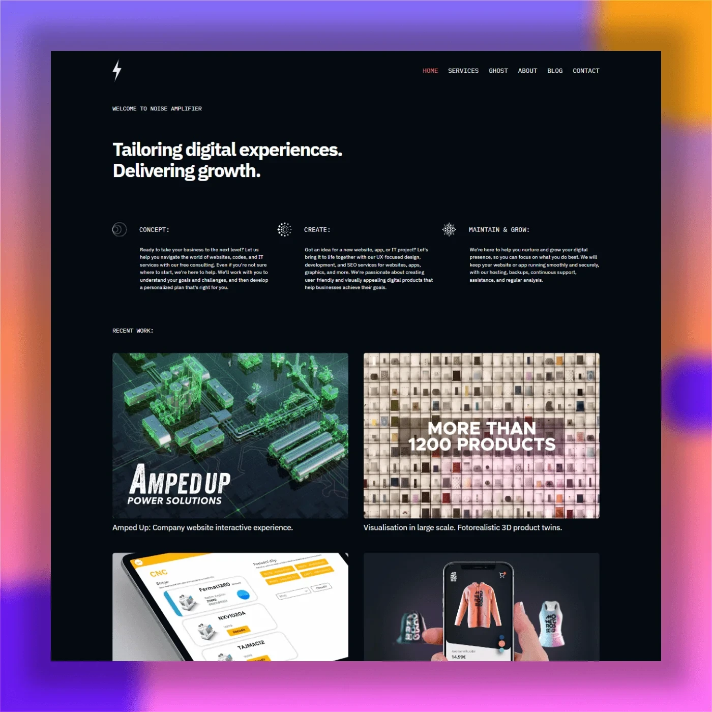 Noise Amplifier digital agency homepage with services for concept, creation, and maintenance, and recent project showcases.