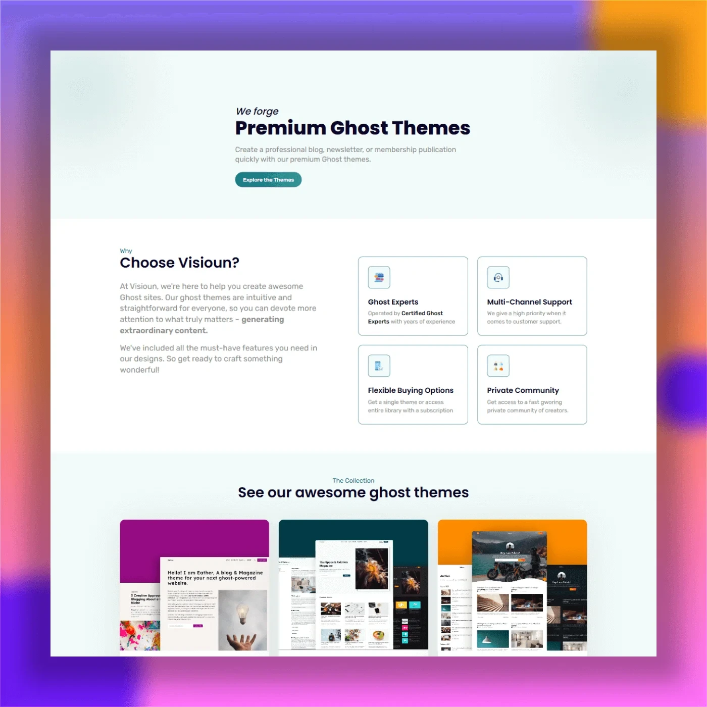 Visioun homepage highlighting their services: premium Ghost themes, expert knowledge, multi-channel support, and private community access.