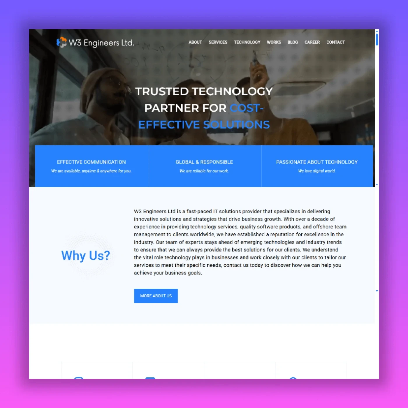 W3 Engineers Ltd homepage showing WordPress plugin development and custom web solutions Bangladesh