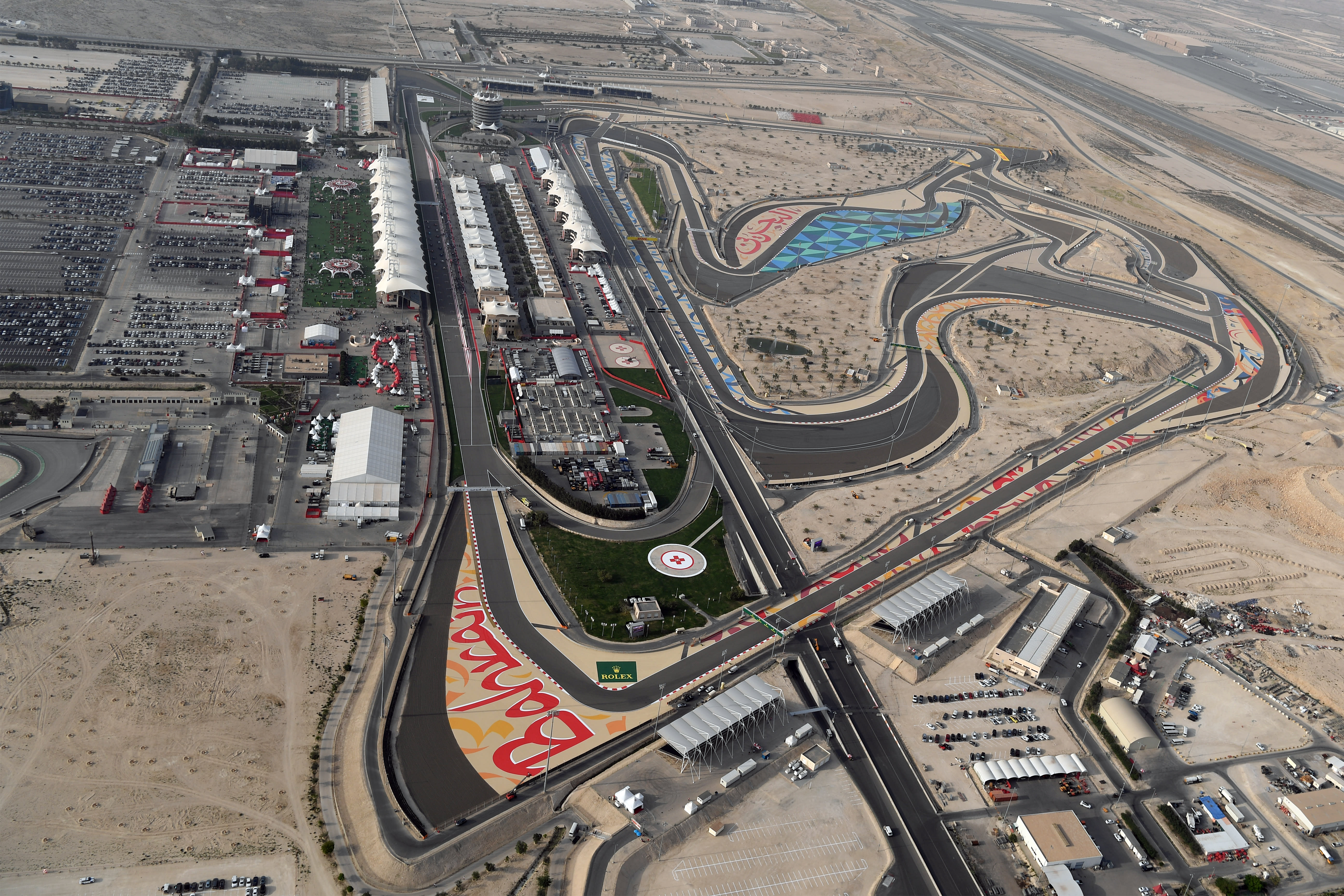 The Bahrain International Circuit during the day, showing the Sakhir desert sand