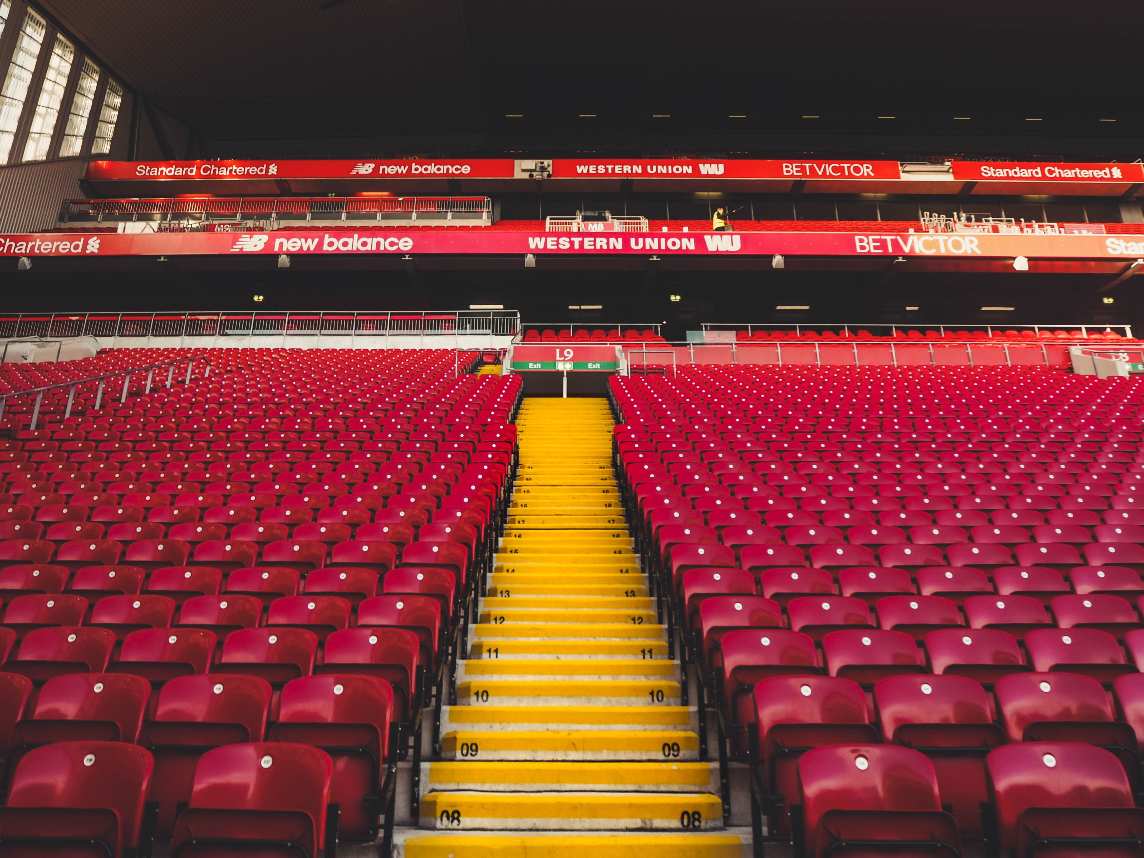 Seats at Anfield Stadium, the home of Liverpool FC