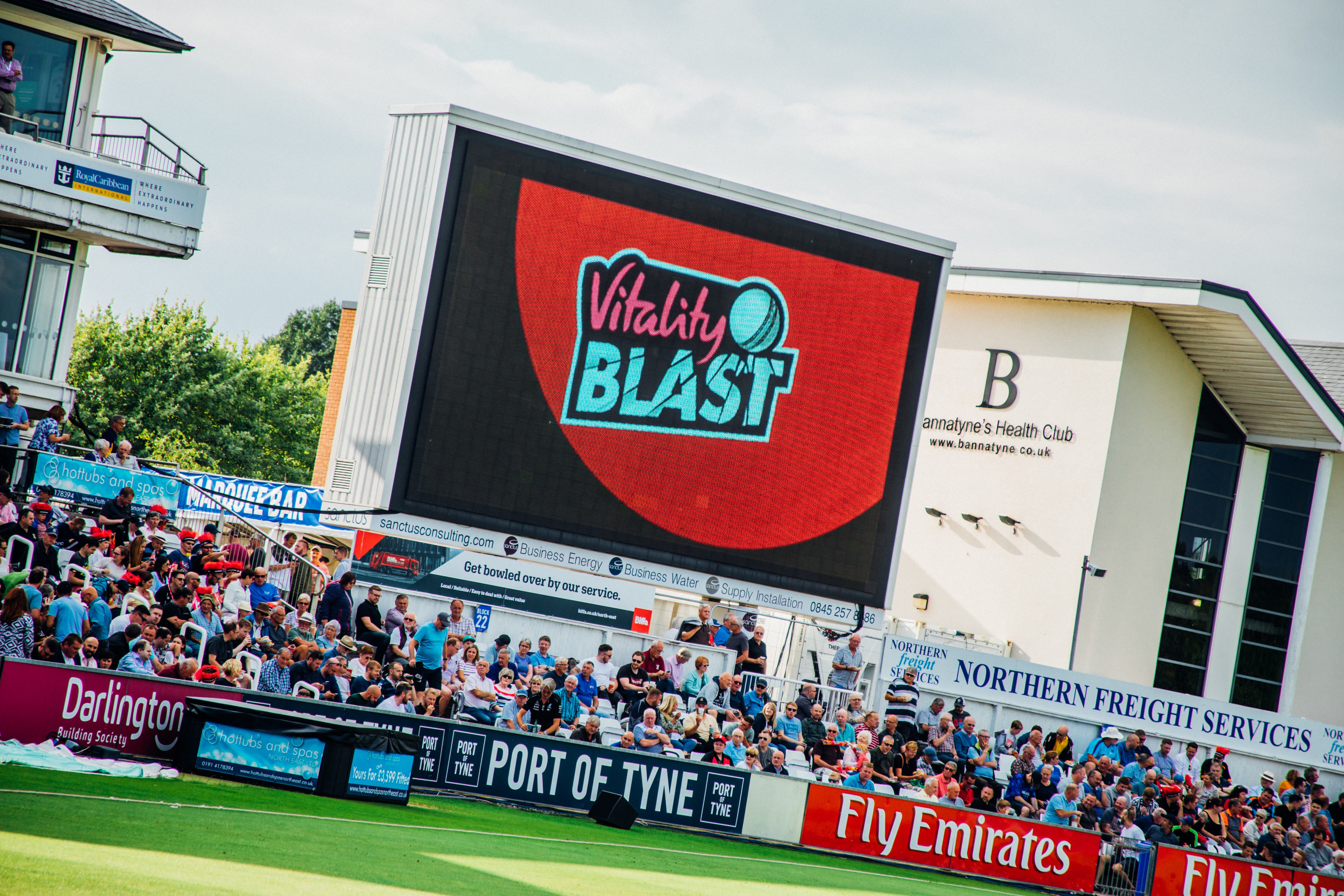 Vitality Blast advertising screen at a Twenty20 cricket game