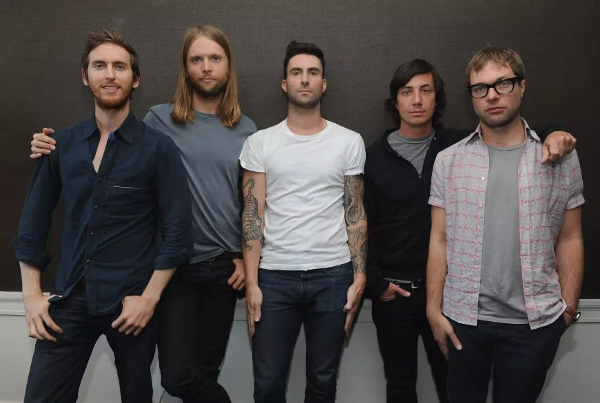 Image: Maroon 5 Band members from left to right: Jesse Carmichael, James Valentine, Adam Levine, Matt Flynn, Mickey Madden.
