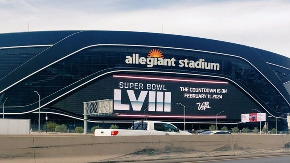 Super Bowl LVIII advertisement at The Allegiant Stadium in Las Vegas