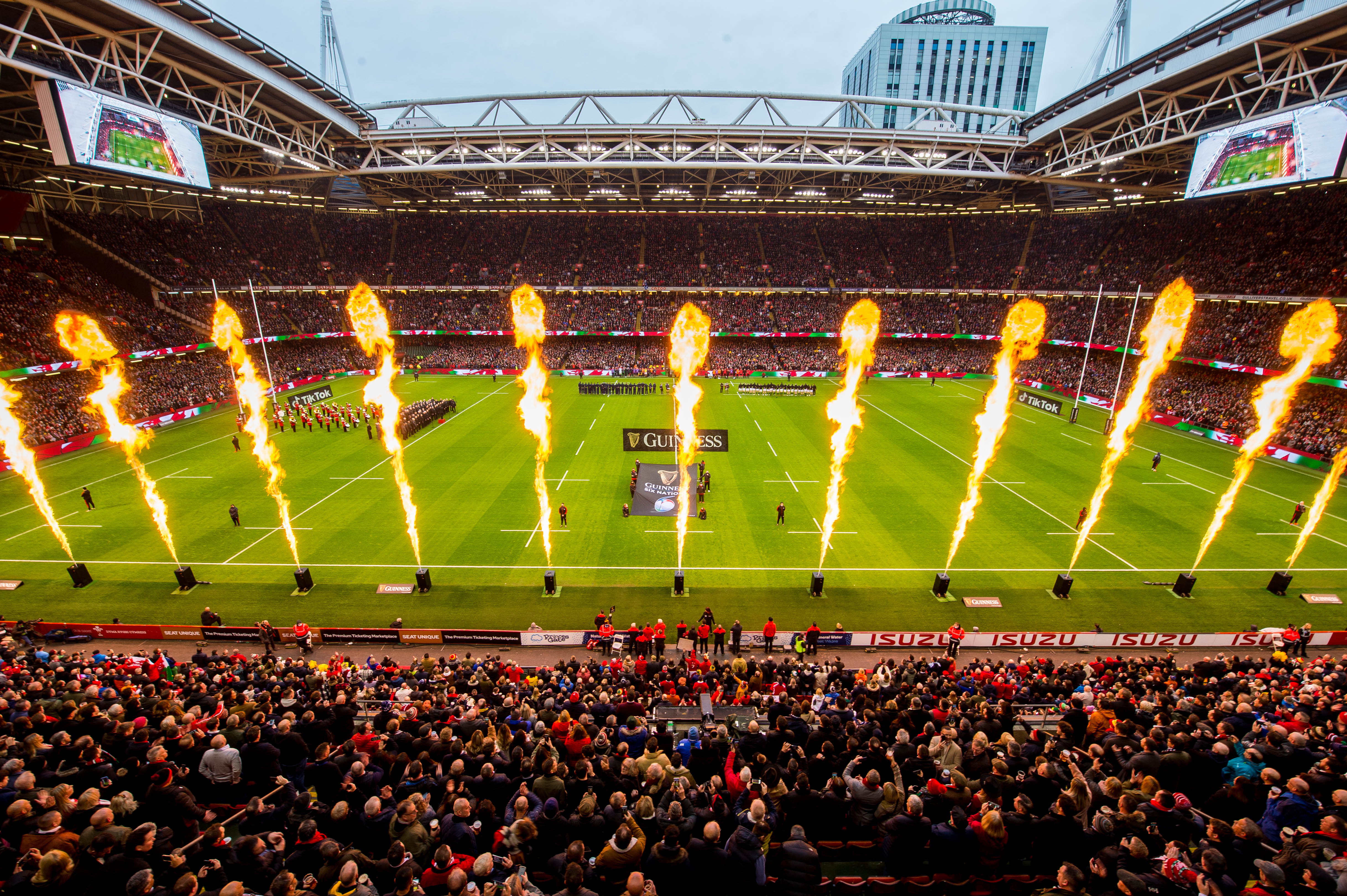 Principality Stadium crowd and pitch with fire canons