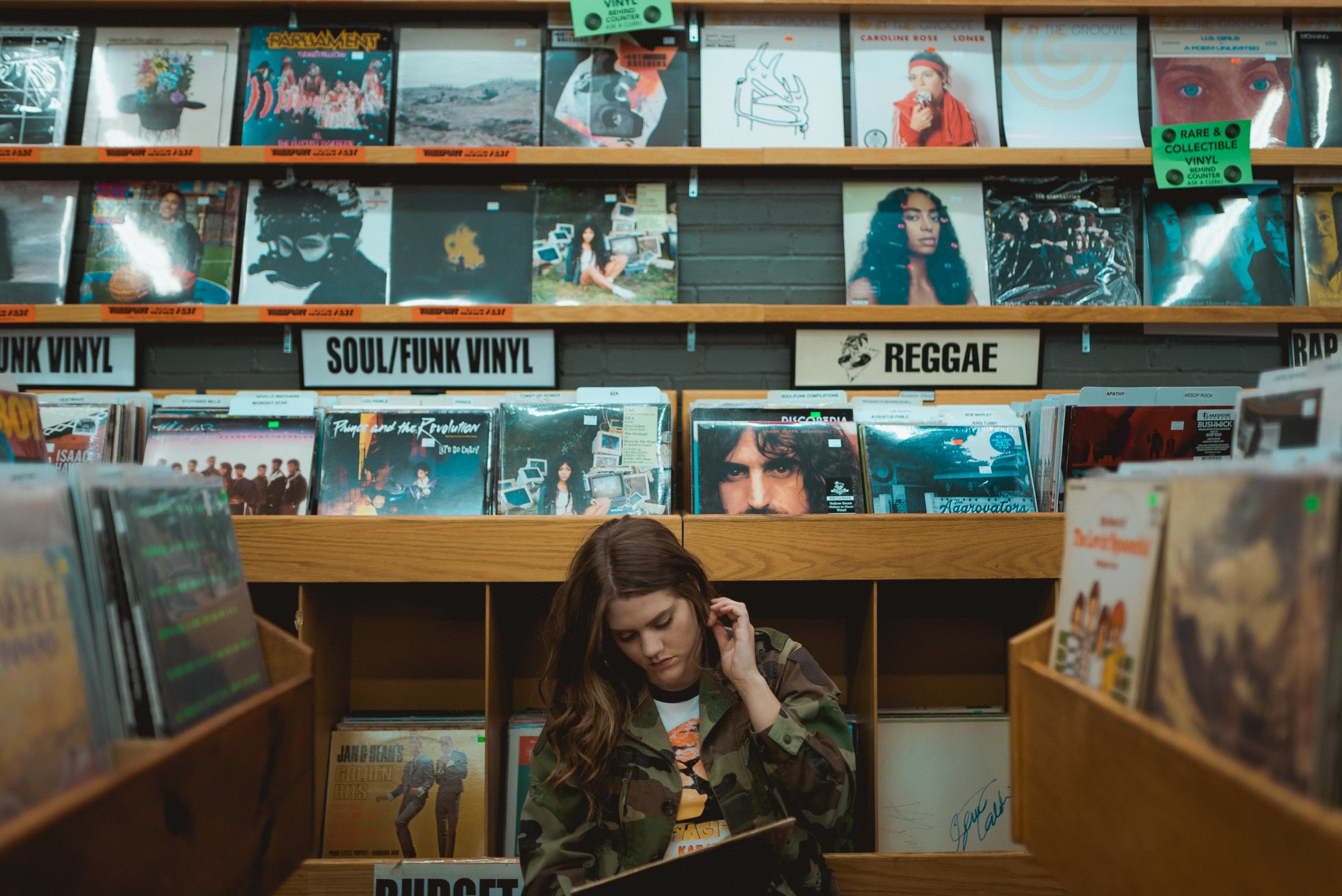 Woman in a record shop.