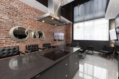 stylish living space with brick wall