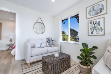 Cozy sofas, windows with outside view, beautiful decoration