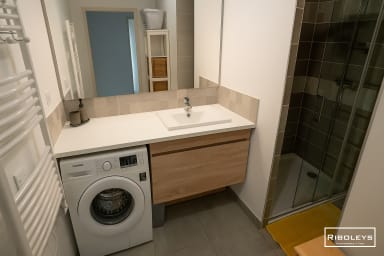 Salle de bain avec douche et machine à laver