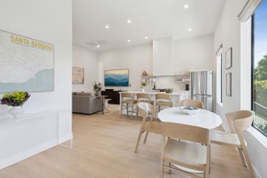 Cozy dining, living, and kitchen spaces.