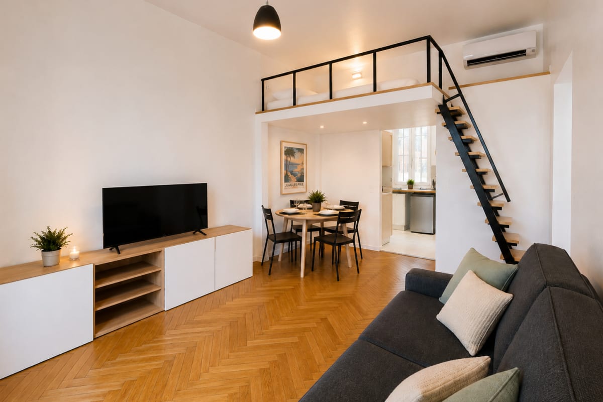  immobilier  Élégant appartement climatisé • À 5 min à pied des plages de Juan-les-Pins