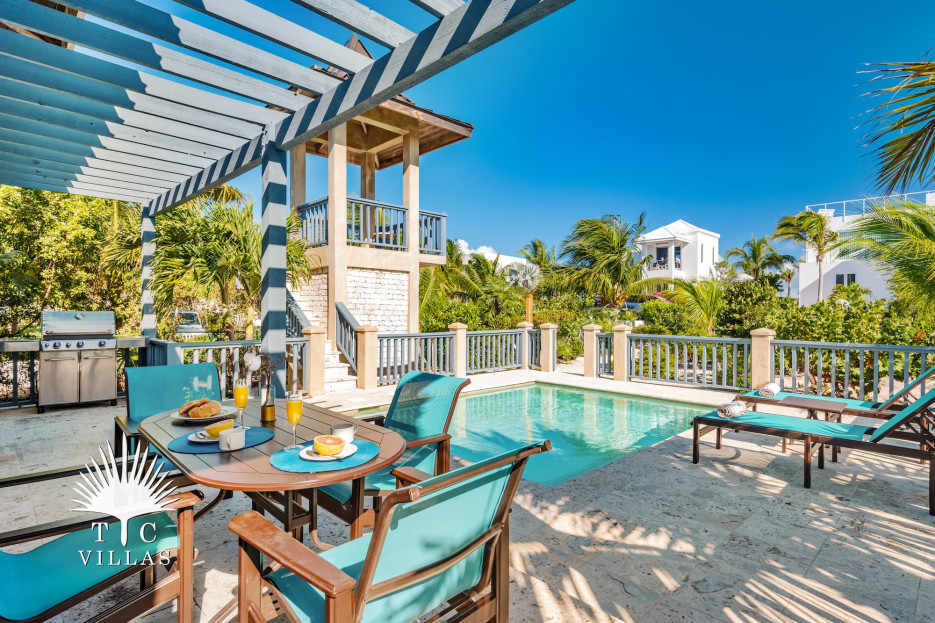 Coriander's private pool with viewing veranda, dining table, and pool loungers. 