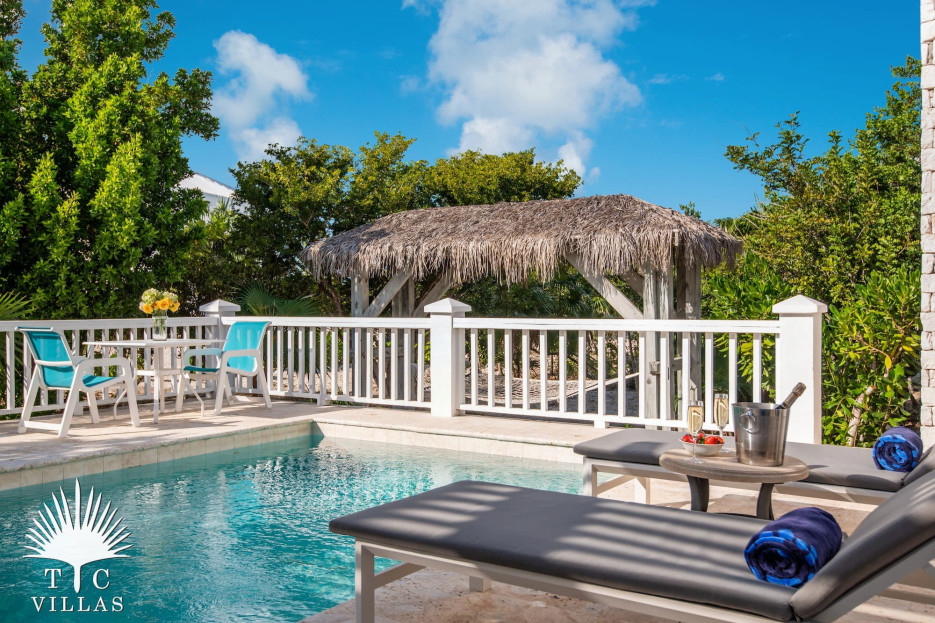 Private pool with loungers & covered hammock.