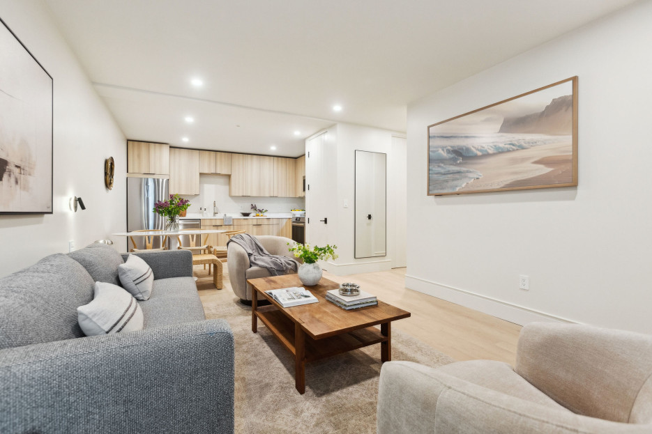 Living room with queen sleeper sofa, 65