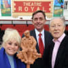 Mayor of Newham, Barbara Windsor and Murray Melvin with the maquette of Joan Littlewoods Sculpture outside Theatre Royal Stratford East