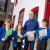 Writer David Almond and Hotspur Primary School (Newcastle) pupils Posie MacIver, Lily Whitby and Kai Medley outside Live Tales