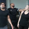 Marc Elliott (Oscar), Shaq Taylor (Daddy Brubeck) and Rebecca Trehearn (Charity) in rehearsal for Sweet Charity