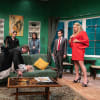 Cathy Walker as Claire Carmichael, Tom Pepper as Phil Gibson, Grace McInnery as Sandrine Fletcher, Jake Mitchell as Tim Forrester, Stuart Simons as Hugh Carmichael and on couch Richard Earl as Giles Fletcher and Jennifer Matter as Angela Crabbe