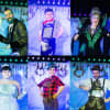 Above: Nathan Taylor as Demon Frostbite, James Lowrie as Lumiukko, Dereck Walker as Dame Herda Gerda; Below: Kingsley Morton as Fairy Snowflake, Shelley Rivers as Garbo and Tom Keeling as Bergermeister Kai