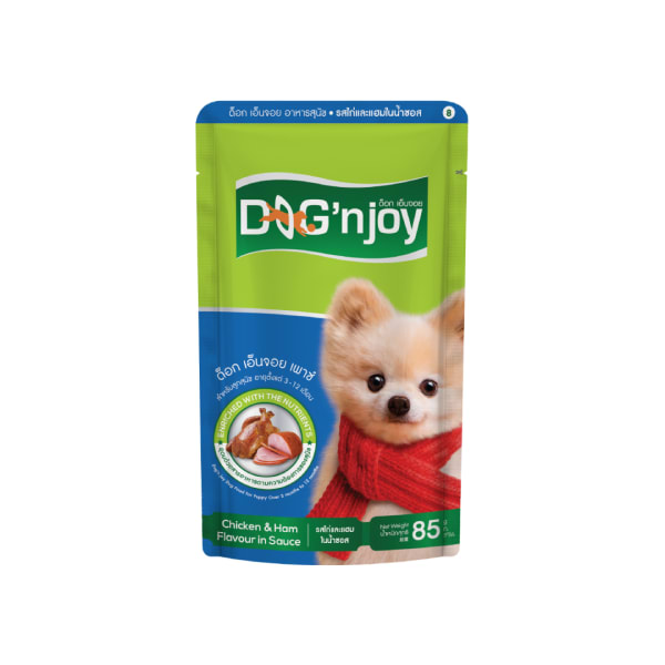 Dog N Joy ด็อกเอ็นจอย อาหารเปียกเพ้าซ์ รสไก่และแฮม สำหรับลูกสุนัขทุกสายพันธุ์ 85 g