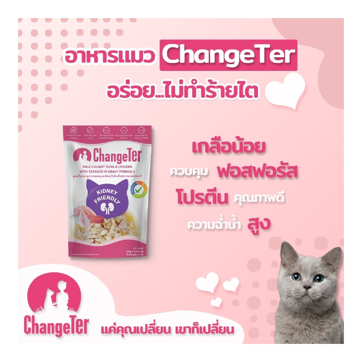 ChangeTer เช้นจ์เตอร์ อาหารเปียกเพ้าซ์ สูตรไก่กับซุกินี่และทูน่าในเยลลี่ สำหรับแมวโตทุกสายพันธุ์  