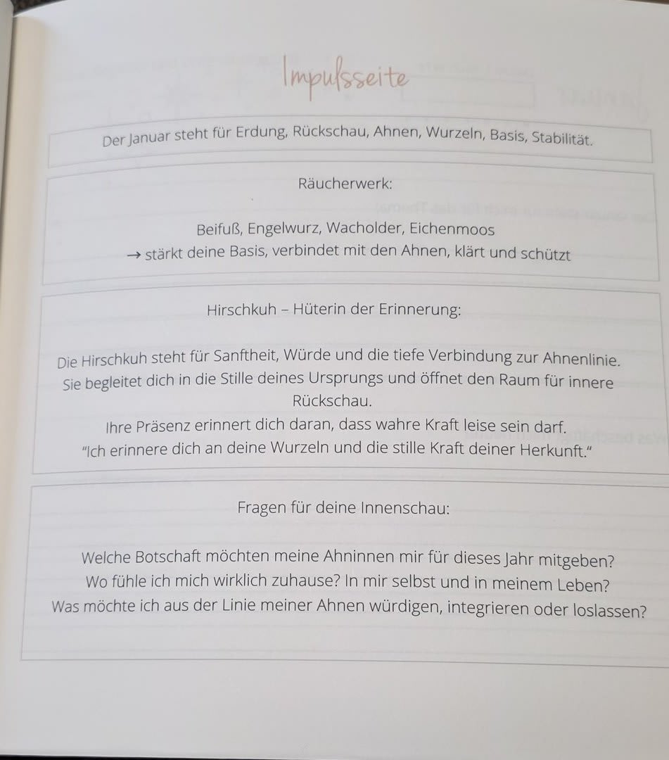 Impulsseite Januar mit Räucherwerk, Krafttier Hirschkuh und Fragen für die Innenschau